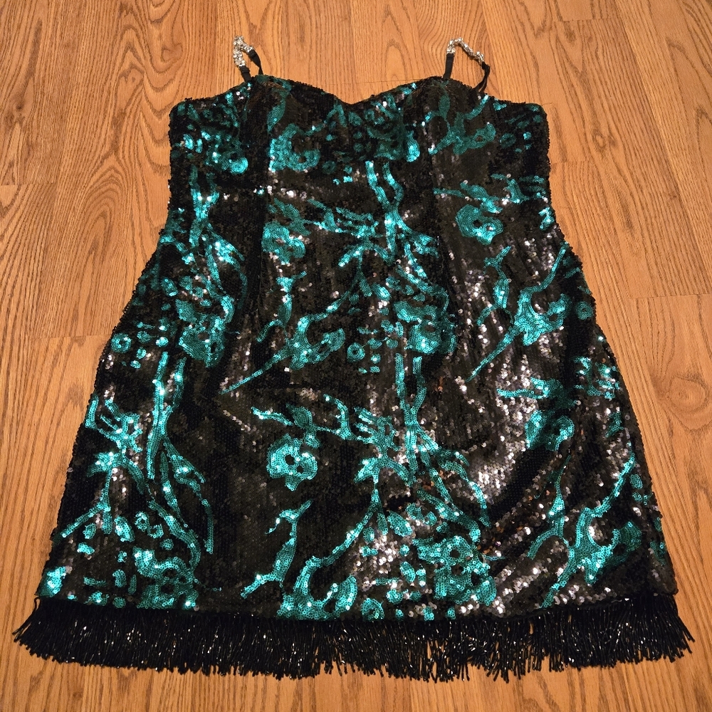 Alyce Jean De Lys Black Emerald Green Sequins Dress Mini Prom Formal Vintage 18